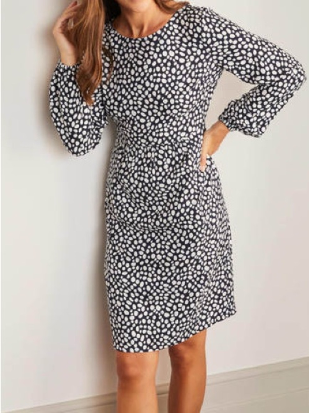 Boden Polka Dot Pebble Spots Long Sleeve Midi Dress Blue Depths Size 12 NWT